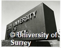 Photograph of the University of Surrey sign on Stag Hill Campus
