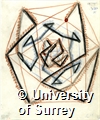 Drawing by Rudolf Laban of an icosahedron inside a dodecahedron that is inside an icosahedron, in blue, black, and brown crayon.