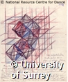 Drawing by Rudolf Laban of a cuboctahedron, in blue and red pencil, with handwritten notes.