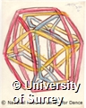 Drawing by Rudolf Laban of a line tracing a continuous path along most edges of an icosahedron, in black, yellow, blue, and red crayon.