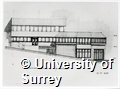Photograph of an artist's impression of the extention to the Students' Union at the University of Surrey Stag Hill Campus. Caption says 'Work commenced on 1 November 1986 undertaken by Simmons Construction Ltd'