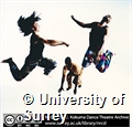 A female dancer and a male dancers jumping while another male dancers crounches. Photographer: Richard Dean.