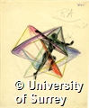 Drawing by Rudolf Laban of a figure lunging in an icosahedron, in black, pink, purple, yellow, green, red, and blue crayon. With the label: 'RA im Ico' or 'Right A scale in the icosahedron'.