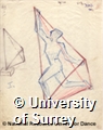 Pencil drawing by Rudolf Laban of a blue figure in a red tetrahedron. Labelled I. With smaller drawing of the tetrahedron on the left in pencil.