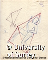 Pencil drawing by Rudolf Laban of a blue figure in a red tetrahedron. Labelled II. With smaller drawing of the tetrahedron on the left in pencil.
