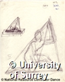 Pencil drawing by Rudolf Laban of a figure in a tetrahedron - two identical on the page. Labelled IV.