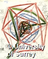 Drawing by Rudolf Laban of an icosahedron inside a dodecahedron that is itself inside an icosahedron, and a line connecting some of their edges. In black, blue, green, yellow, and red crayon. With notes and symbols along the edges.