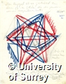 Drawing by Rudolf Laban of a line tracing a continuous path along several edges of an icosahedron. In pencil and blue and red crayon, with notes around the diagram stating '15-er' or 15-link..