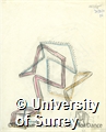 Drawing by Rudolf Laban of a line tracing a continuous path along all edges of a cube, another showing the cube twisting apart, and a third in which the edges of the cube are labelled with symbols. In pencil and blue, orange, and pink crayon.